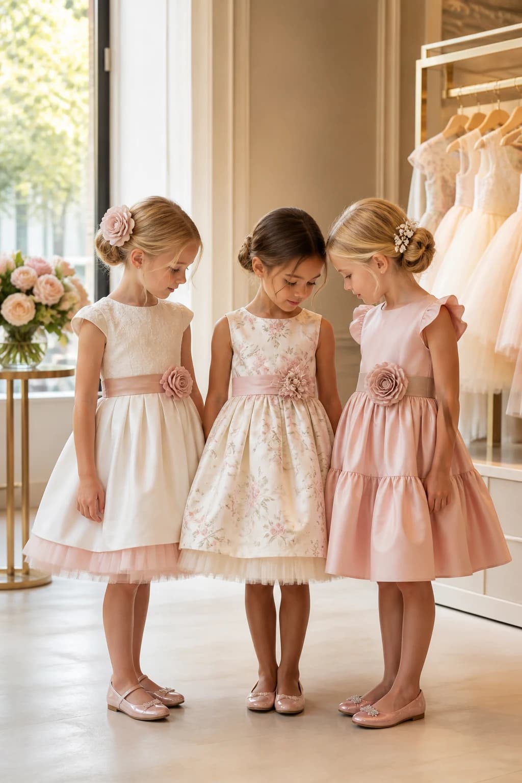 Trois enfants en robes de fête ivoire, fleurie et rose poudré dans une boutique lumineuse