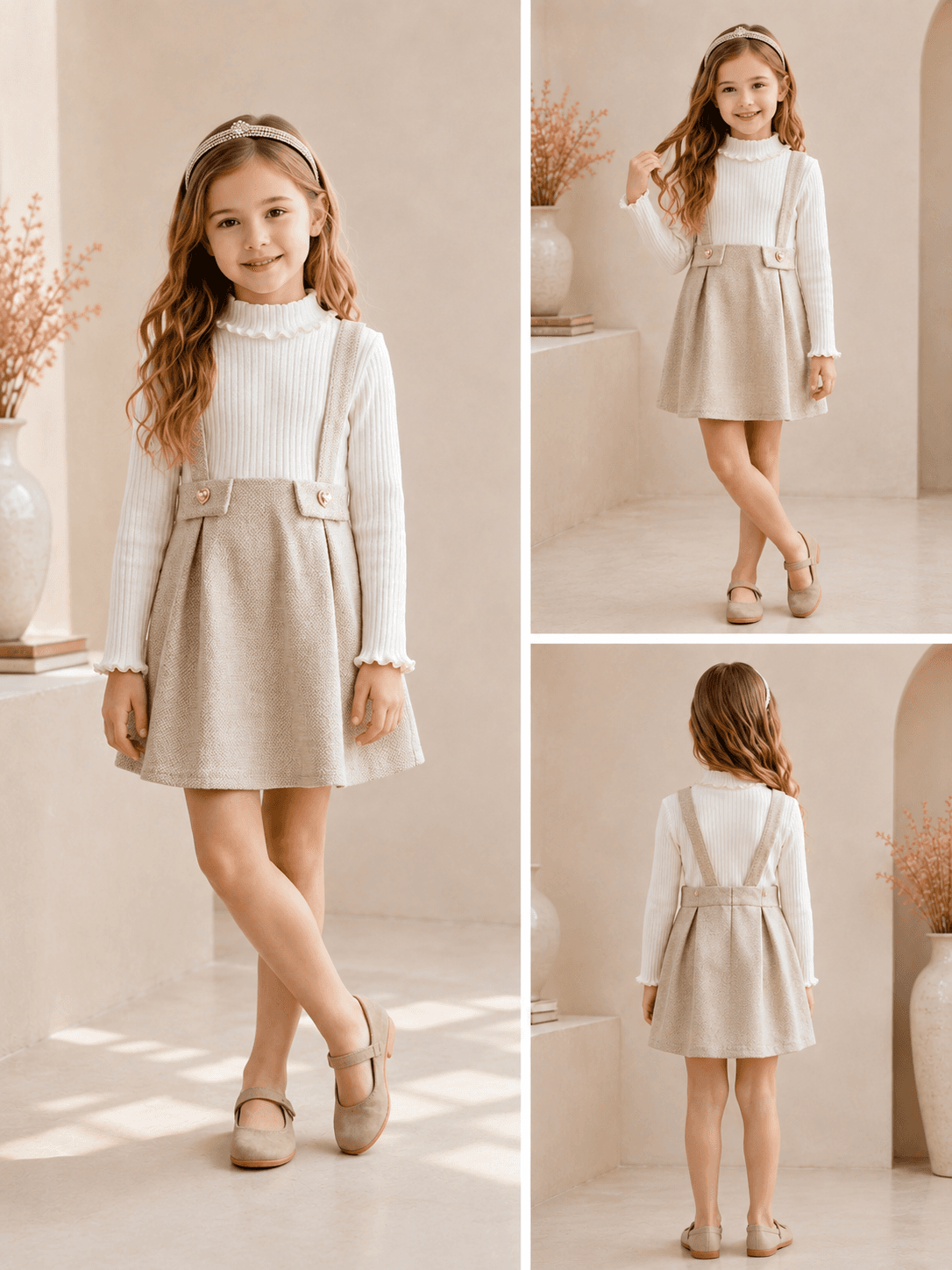 Robe Céleste à bretelles rose et beige pour fille - VELMÉLIE
